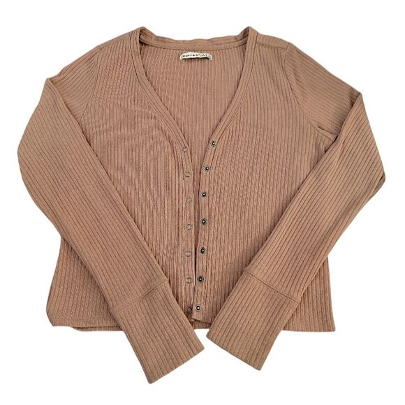 Abercrombie & Fitch Tan Ribbed Button Down Front Fitted Viscose Cardigan Large - Picture 8 of 15